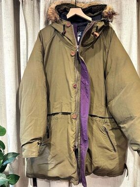 Vintage Woolrich USA Down Parka XL Olive Green Coyote Fur Hood Winter Coat